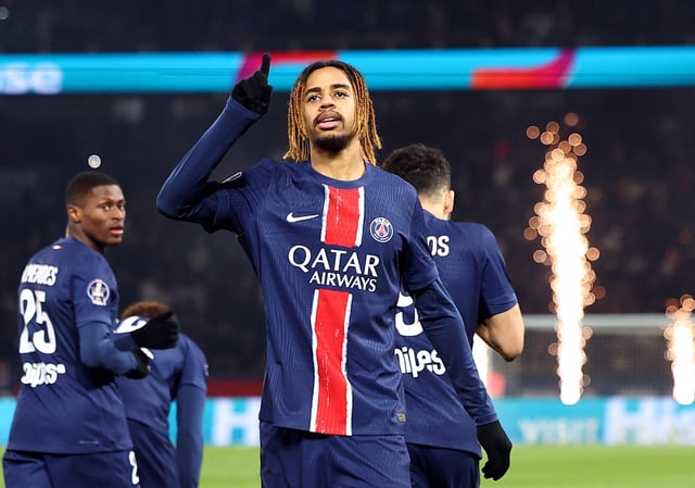 Soccer Football - Ligue 1 - Paris St Germain v Lille - Parc des Princes, Paris, France - March 1, 2025 Paris St Germain's Bradley Barcola celebrates scoring their first goal REUTERS/Abdul Saboor
