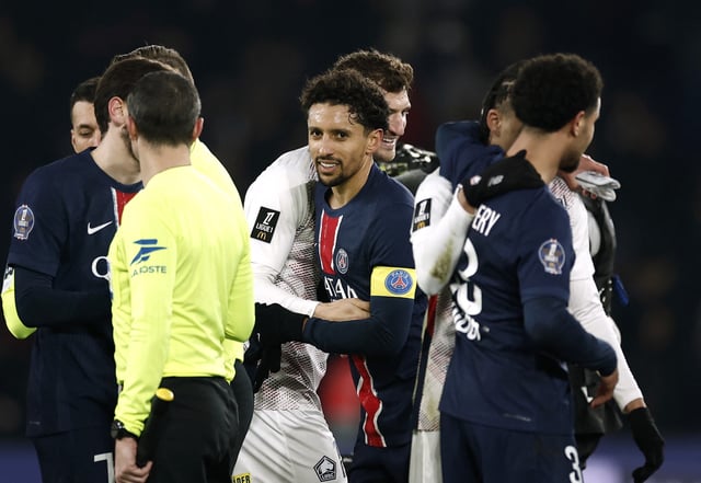 Soccer Football - Ligue 1 - Paris St Germain v Lille - Parc des Princes, Paris, France - March 1, 2025 Paris St Germain's Marquinhos celebrates after the match REUTERS/Benoit Tessier