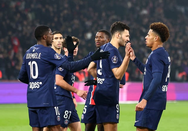 Soccer Football - Ligue 1 - Paris St Germain v Lille - Parc des Princes, Paris, France - March 1, 2025 Paris St Germain's Ousmane Dembele celebrates scoring their third goal with teammates REUTERS/Abdul Saboor