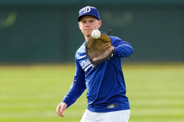 Dodgers catcher Will Smith works out during spring training practice Feb. 16, 2025, in Phoenix. (AP Photo/Ashley Landis)
