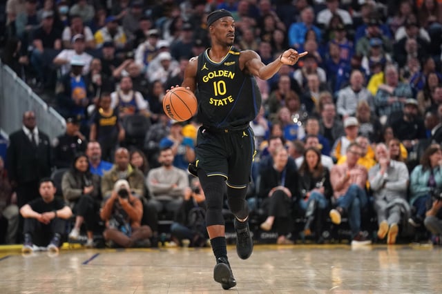 Feb 25, 2025; San Francisco, California, USA; Golden State Warriors forward Jimmy Butler III (10) dribbles against the Charlotte Hornets in the second quarter at the Chase Center. Mandatory Credit: Cary Edmondson-Imagn Images/File Photo
