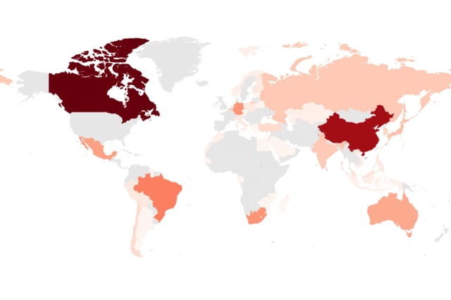 This map, based on U.S. Geological Survey data, shows countries on which the United States has a net import reliance for non-fueld mineral commodities, with darker colors indicating the quantity of minerals imported from each country.