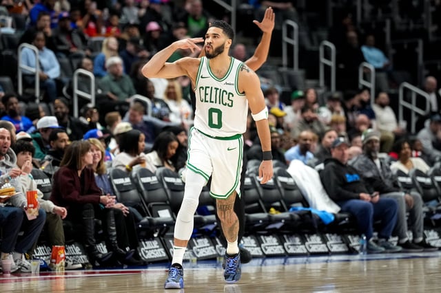 Jayson Tatum #0 of the Boston Celtics reacts after making a three-point basket against the Detroit Pistons at Little Caesars Arena on February 26, 2025 in Detroit, Michigan.