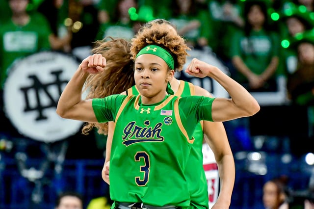 Mar 2, 2025; South Bend, Indiana, USA; Notre Dame Fighting Irish guard Hannah Hidalgo (3) reacts in the first half against the Louisville Cardinals at the Purcell Pavilion. Matt Cashore-Imagn Images