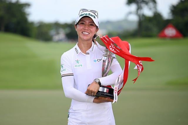 SINGAPORE, SINGAPORE - MARCH 02: Lydia Ko of New Zealand poses with the trophy following victory on Day Four of the HSBC Women&#39;s World Championship 2025 at Sentosa Golf Club on March 02, 2025 in Singapore.