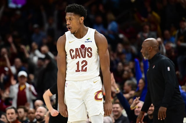 Mar 2, 2025; Cleveland, Ohio, USA; Cleveland Cavaliers forward De'Andre Hunter (12) celebrates after hitting a three point basket during the second half against the Portland Trail Blazers at Rocket Arena. Mandatory Credit: Ken Blaze-Imagn Images