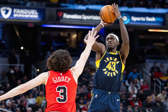 Mar 2, 2025; Indianapolis, Indiana, USA; Indiana Pacers forward Pascal Siakam (43) shoots the ball while  Chicago Bulls guard Josh Giddey (3) defends in the second half  at Gainbridge Fieldhouse. Mandatory Credit: Trevor Ruszkowski-Imagn Images