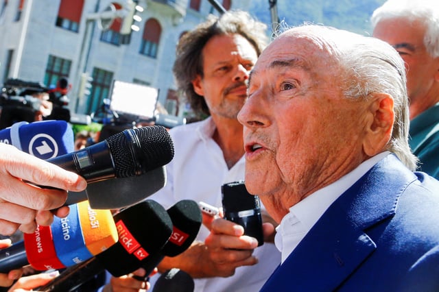 Former FIFA President Sepp Blatter speaks to the media after a trial at the Swiss Federal Criminal Court in Bellinzona, Switzerland July 8, 2022. REUTERS/Arnd Wiegmann/File Photo
