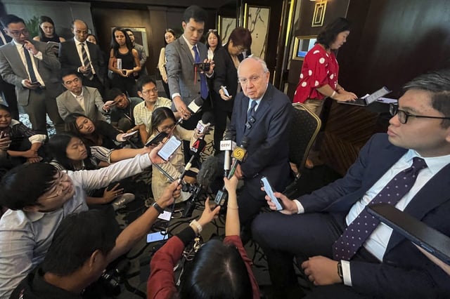 Philippine Ambassador to the U.S. Jose Romualdez, center, answers questions from reporters during a news conference with the Foreign Correspondents Association of the Philippines in Manila, Philippines on Monday March 3, 2025. (AP Photo/Jim Gomez)
