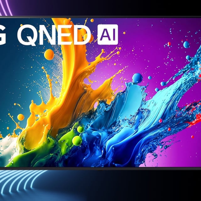 LG 86 QNED80T on a black background with RGB light strips