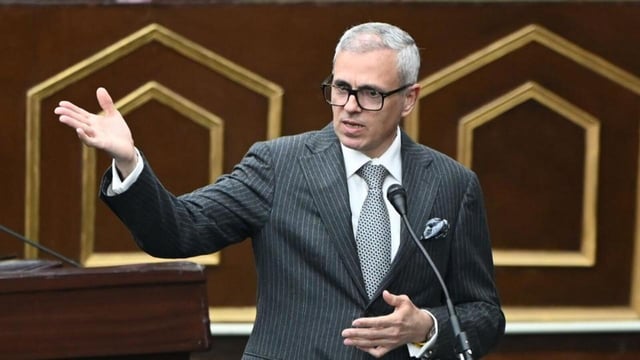 Chief minister Omar Abdullah speaking during the opening day of the budget session of the Jammu and Kashmir assembly in Jammu on Monday. (Waseem Andrabi/HT)