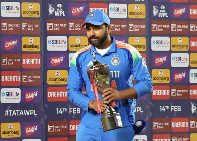 Cricket - Second One Day International - India v England - Narendra Modi Stadium, Ahmedabad, India - February 12, 2025 India's Rohit Sharma holds the trophy during the post match presentation after winning the One Day International series REUTERS/Amit Dave/File Photo
