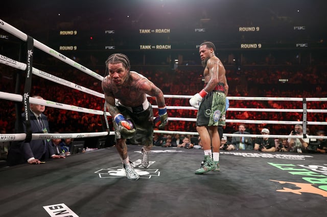 NEW YORK, NEW YORK - MARCH 01:  Gervonta Davis takes a knee in the middle of round nine due to the grease in his braids dripped into his eyes against Lamont Roach Jr. during their bout for Davis' WBA lightweight title at Barclays Center on March 01, 2025 in New York City. (Photo by Al Bello/Getty Images)