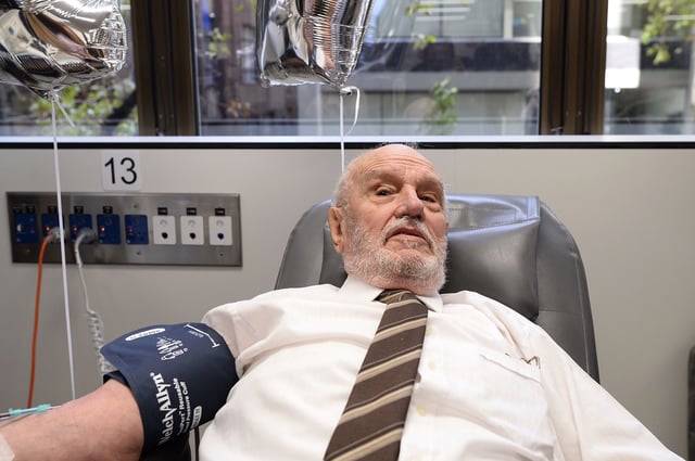 FILED - 11 May 2018, Australia, Sydney: James Harrison donating blood at the service center of the Red Cross. 63 years after his first donation, Harrison is holding out his arm for the last time. According to calculations of the Red Cross, Harrison has helped more than two million mothers prevent miscarriages and bring their babies to the world safely. Photo by: Subel Bhandari/picture-alliance/dpa/AP Images
