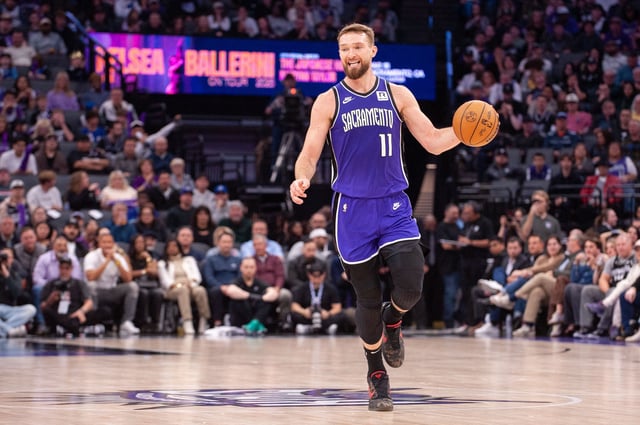 Feb 24, 2025; Sacramento, California, USA; Sacramento Kings forward Domantas Sabonis (11) brings the ball up the court during the second quarter of the game against the Charlotte Hornets at Golden 1 Center. Mandatory Credit: Ed Szczepanski-Imagn Images/File Photo