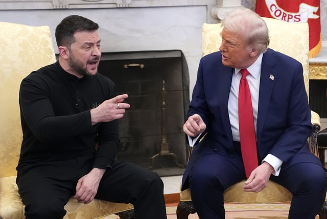 U.S. President Donald Trump and Ukrainian President Volodymyr Zelensky meet in the Oval Office at the White House on February 28, 2025 in Washington, DC.