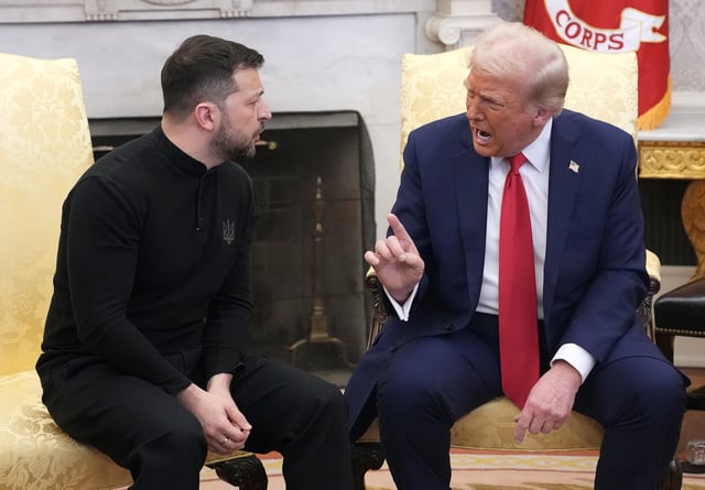 President Donald Trump and Ukrainian President Volodymyr Zelensky meet in the Oval Office at the White House on February 28, 2025 in Washington, DC.