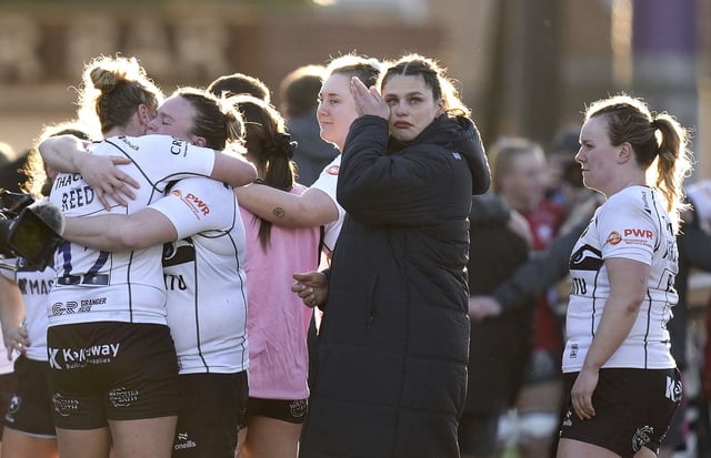 Bristol Bears' Ilona Maher (centre) following defeat in the Premiership Women's Rugby semi-final match at Kingsholm, Gloucester. Picture date: Sunday March 2, 2025. 79248364 (Press Association via AP Images)