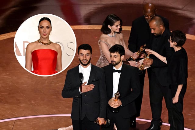 Israeli journalist and filmmaker Yuval Abraham (R) and Palestinian journalist and filmmaker Basel Adra accept the award for Best Documentary Feature Film for &#34;No Other Land&#34; during the 97th Annual Academy Awards at the Dolby Theatre in Hollywood, California on March 2, 2025. In the inset image, Gal Gadot attends the 2025 Vanity Fair Oscar Party hosted by Radhika Jones at the Wallis Annenberg Center for the Performing Arts on March 2, 2025 in Beverly Hills, California.