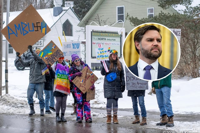 Main: Protesters of Vice President JD Vance are seen on Main Street, Rt. 100, in Waitsfield, Vermont on Saturday, March 1, 2025.  Inset: Vice President JD Vance is seen in the Oval Office at the White House Feb. 21, 2025.