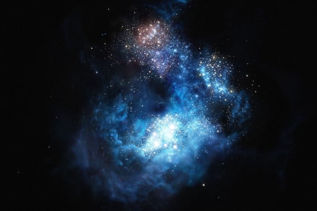 An artist's impression of a galaxy in the early universe. Illustration: ESO/M. Kornmesser