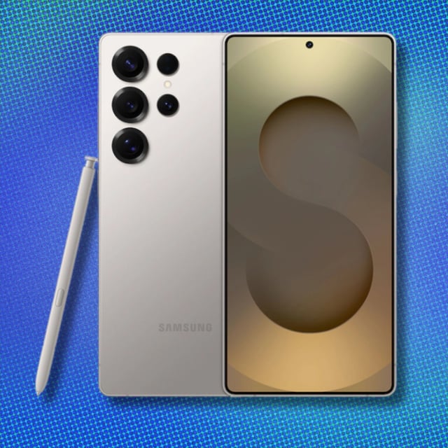 A Samsung Galaxy S25 Ultra on a blue background