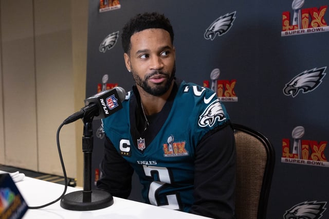 Feb 5, 2025; New Orleans, LA, USA; Philadelphia Eagles cornerback Darius Slay Jr. speaks with the media during a press conference at Hilton New Orleans Riverside. Mandatory Credit: Bill Streicher-Imagn Images/File Photo