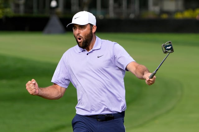 Scottie Scheffler celebrates after a 35-foot birdie putt on the 15th green during the final round of the Arnold Palmer Invitational last year  at Bay Hill Club and Lodge in Orlando. (AP Photo/John Raoux)