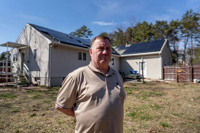 Al Morgan, 64, at his home in Vincentown, New Jersey on March 28, 2019. Morgan leased a solar panel system from Sunnova, a company based in Houston, after he was assured he&#39;d pay a lot less for electricity. He now claims is bill is even higher than before.