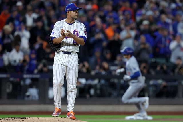 Oct 17, 2024; New York City, New York, USA; New York Mets pitcher Jose Quintana (62) reacts after giving up a home run against Los Angeles Dodgers two-way player Shohei Ohtani (17) in the first inning during game four of the NLCS for the 2024 MLB playoffs at Citi Field. Mandatory Credit: Brad Penner-Imagn Images/File Photo