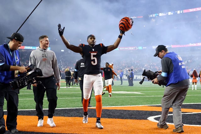 Dec 28, 2024; Cincinnati, Ohio, USA;  Cincinnati Bengals wide receiver Tee Higgins (5) celebrates following the overtime win against the Denver Broncos at Paycor Stadium. Mandatory Credit: Joseph Maiorana-Imagn Images/File Photo