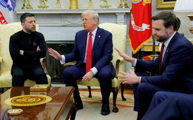 U.S. President Donald Trump meets with Ukrainian President Volodymyr Zelenskiy as U.S. Vice President JD Vance reacts at the White House in Washington, D.C., U.S., February 28, 2025. REUTERS/Brian Snyder/File Photo