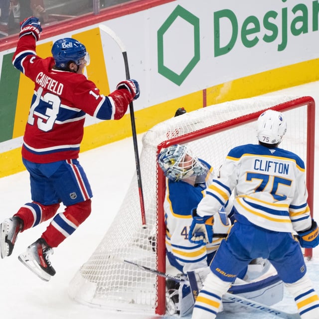Montreal Canadiens' Cole Caufield (13) celebrates a goal by teammate Montreal Canadiens' Juraj Slafkovsky (not shown) in front of Buffalo Sabres goaltender James Reimer (47) and Connor Clifton (75) during first period NHL hockey action in Montreal, Monday, March 3, 2025. THE CANADIAN PRESS/Christinne Muschi