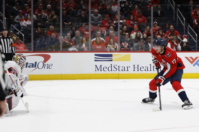 Mar 3, 2025; Washington, District of Columbia, USA; Washington Capitals center Dylan Strome (17) prepares to score a goal on Ottawa Senators goaltender Linus Ullmark (35) in a shootout at Capital One Arena. Mandatory Credit: Geoff Burke-Imagn Images