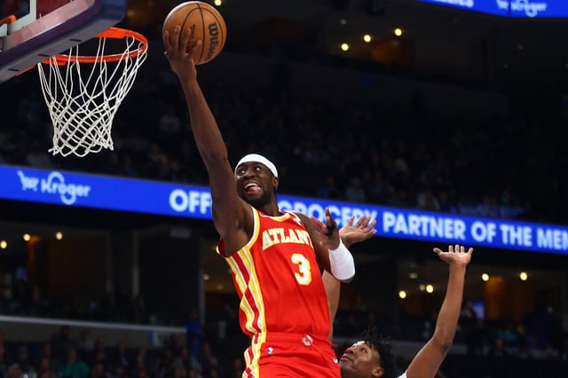 Mar 3, 2025; Memphis, Tennessee, USA; Atlanta Hawks guard Caris LeVert (3) shoots during the second quarter against the Memphis Grizzlies at FedExForum. Mandatory Credit: Petre Thomas-Imagn Images