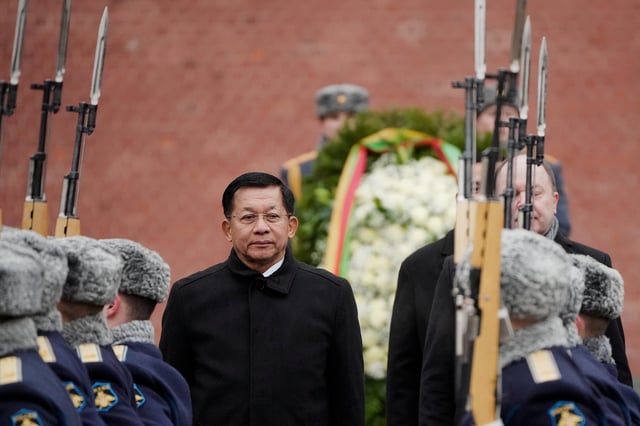 Myanmar's military chief Senior General Min Aung Hlaing watches Russian honour guards passing by during a wreath-laying ceremony at the Tomb of the Unknown Soldier near the Kremlin Wall in central Moscow, Russia, March 4, 2025. Alexander Zemlianichenko/Pool via REUTERS