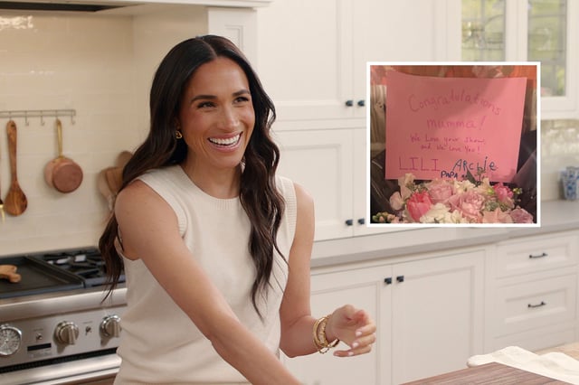Meghan Markle is seen in a still from her Netflix show &#39;With Love, Meghan,&#39; alongside a card from her children, Prince Archie and Princess Lilibet, that she shared on Instagram.