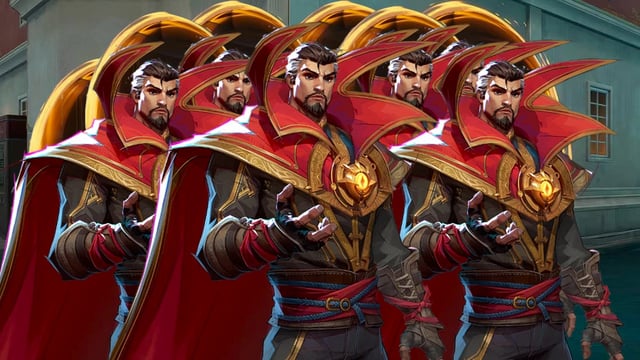 An assembly of six Dr Strange characters from Marvel Rivals and their portals.
