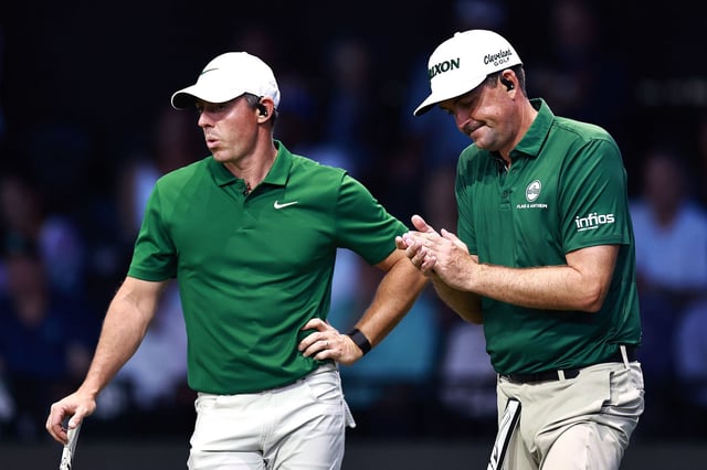 PALM BEACH GARDENS, FLORIDA - MARCH 03: Keegan Bradley and Rory McIlroy of Boston Common Golf react on the ninth green during their TGL presented by SoFi match against the New York Golf Club at SoFi Center on March 03, 2025 in Palm Beach Gardens, Florida. (Photo by Carmen Mandato/TGL/TGL via Getty Images)