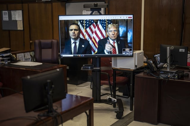 Attorney Todd Blanche and President Donald Trump, seen on a television screen, appear virtually for sentencing after Trump was found guilty on 34 felony counts in his hush money criminal trial last year, at the Manhattan criminal court on Friday, Jan 10, 2025 in New York, NY. (Photo by The Washington Post via Getty Images)