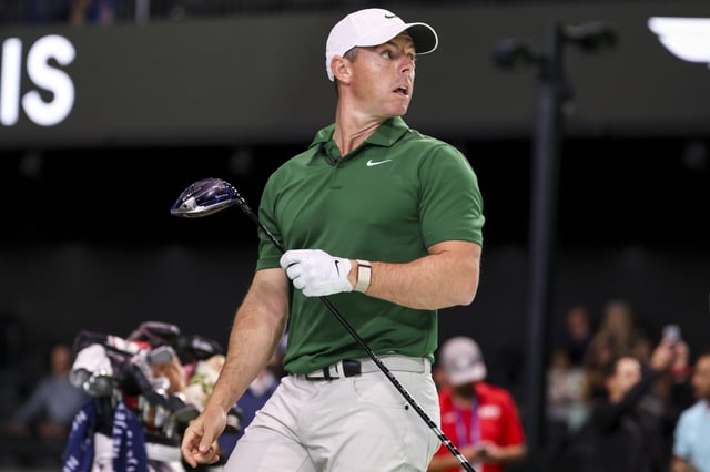 PALM BEACH GARDENS, FLORIDA - FEBRUARY 04: Rory McIlroy of Boston Common Golf warms up before their TGL presented by SoFi match against Los Angeles Golf Club at SoFi Center on February 04, 2025 in Palm Beach Gardens, Florida. (Photo by Megan Briggs/TGL/TGL via Getty Images)