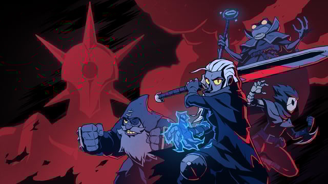 An angry dwarf and a sword-wielding elf with various villains in the background in Absolum. 