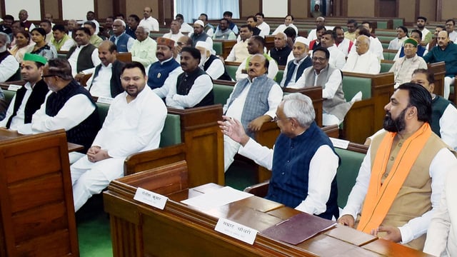 Patna, Feb 28 (ANI): Bihar Chief Minister Nitish Kumar, Deputy CM Samrat Chaudhary and Leader of Opposition Tejashwi Yadav attend the first day of the Budget Session, at Bihar Legislative Assembly in Patna on Friday. (ANI Photo)