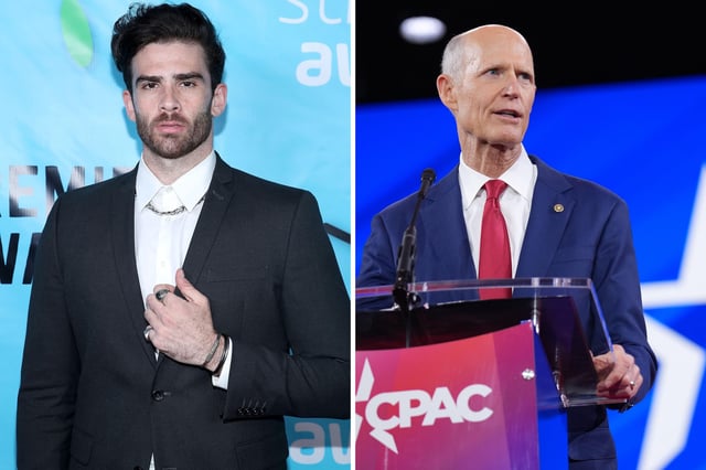 Left: Hasan Piker attends the 2018 Streamys Premiere Awardson October 20, 2018 in Santa Monica, California. Right: Senator Rick Scott speaks at the Conservative Political Action Conference (CPAC) on February 20, 2025 in Oxon Hill, Maryland.