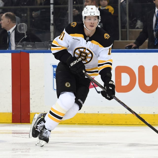 Boston Bruins' Trent Frederic skates with the puck during the second period of an NHL hockey game against the New York Rangers Thursday, Jan. 2, 2025, in New York. (AP Photo/Pamela Smith)
