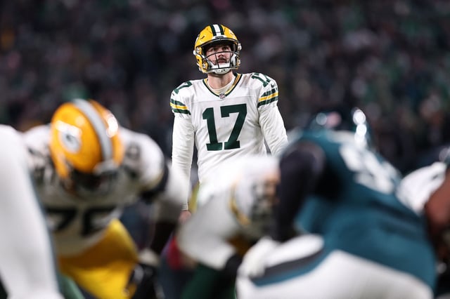 Jan 12, 2025; Philadelphia, Pennsylvania, USA; Green Bay Packers place kicker Brandon McManus (17) gets set to kick a field goal against the Philadelphia Eagles during the third quarter in an NFC wild card game at Lincoln Financial Field. Mandatory Credit: Bill Streicher-Imagn Images/File Phoyo