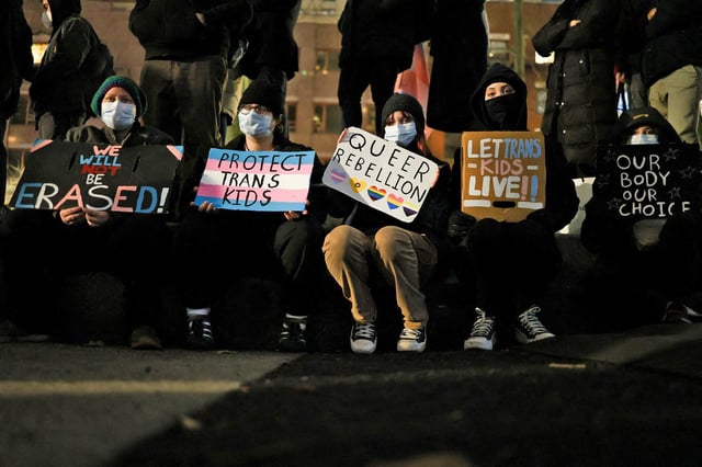 Demonstrators protest President Donald Trump's executive order  to restrict gender transition procedures for people under the age of 19 on Feb. 3, 2025, in New York.