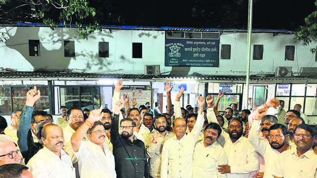 Thane, India - March 03, 2025: shivsana workers outside wagale Estate police station,ShivSena Shinde faction MP Naresh Mhaske has registered a case against samajvadi party MLA Abu Azmi in Thane Wagle Estate Police Station for his statement about Aurangzeb... Thane,in Mumbai, India, on, Monday, March -03, 2024. ( Praful Gangurde /HT Photo )