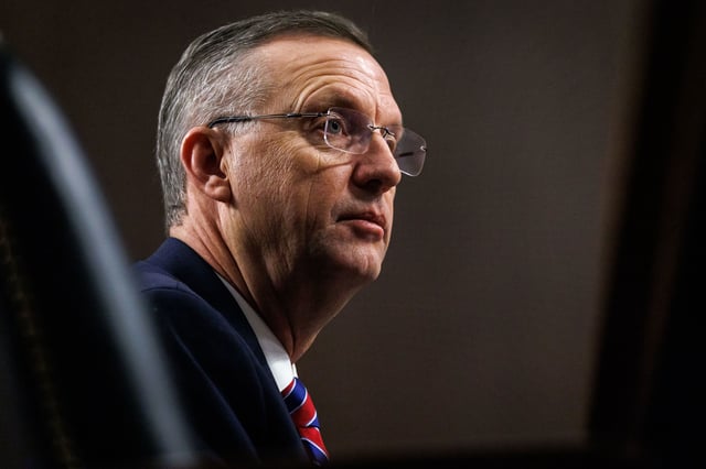 Doug Collins testifies during his Senate Veterans' Affairs Committee confirmation hearing in the Dirksen Senate Office Building in Washington, DC, on January 21, 2025.
