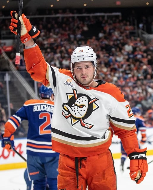 Anaheim Ducks' Mason McTavish (23) celebrates a goal against the Edmonton Oilers during first period NHL action in Edmonton on Tuesday, March 4, 2025. THE CANADIAN PRESS/Jason Franson